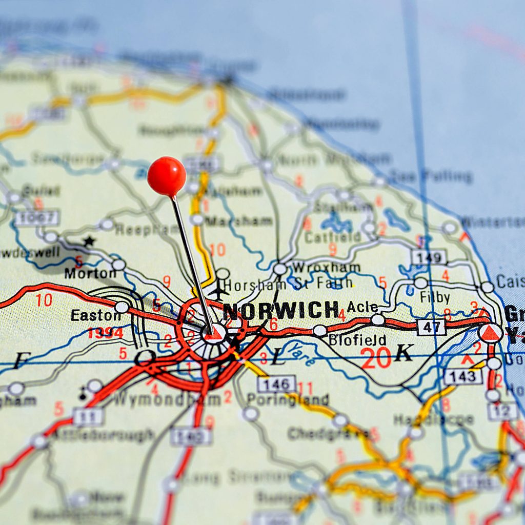 Commercial electricians based in Norwich. A map of Norfolk highlighting service areas